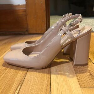 Chic Nude Patent Leather Block Heels